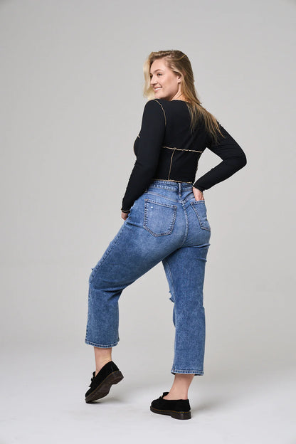 High Rise Rip Knee Straight Leg Jeans