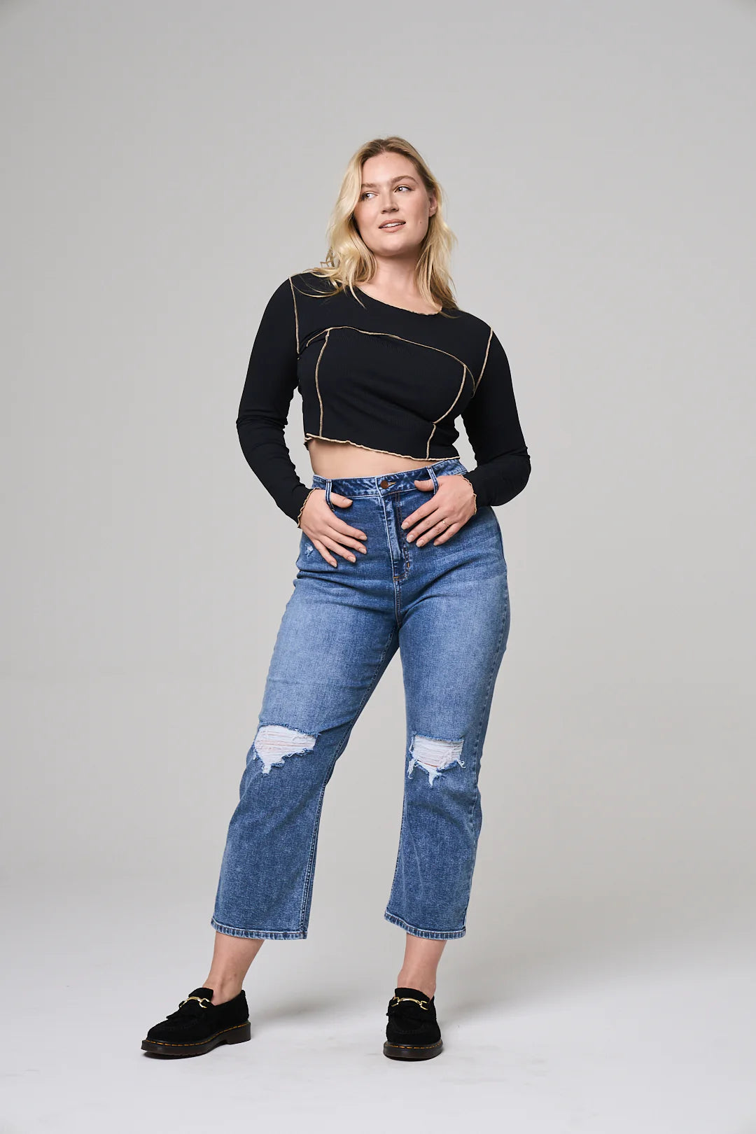 High Rise Rip Knee Straight Leg Jeans