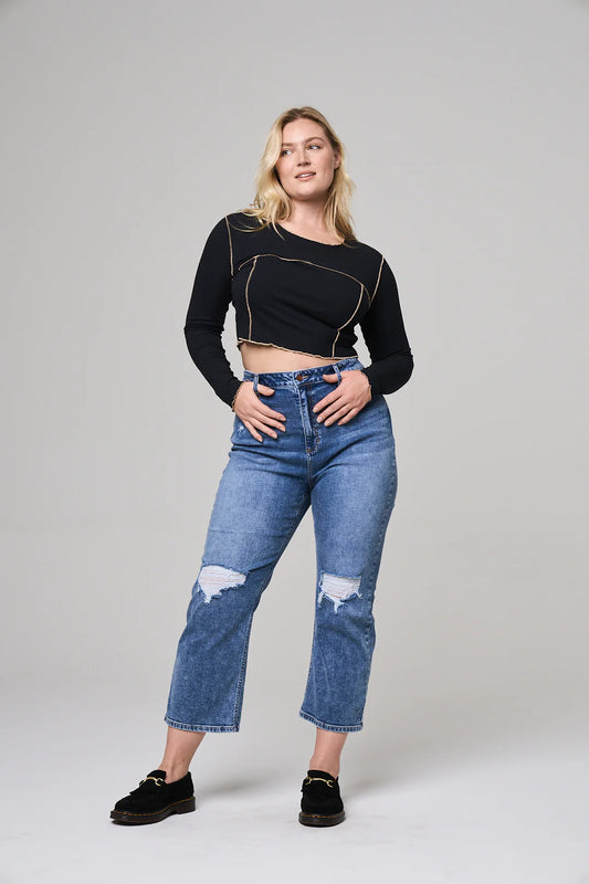 High Rise Rip Knee Straight Leg Jeans