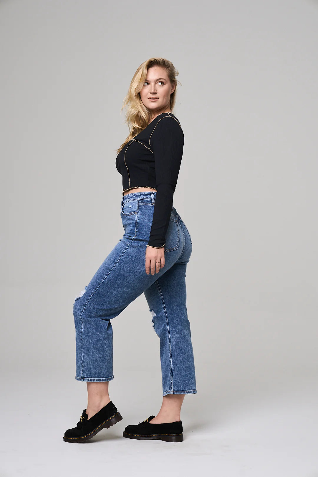 High Rise Rip Knee Straight Leg Jeans