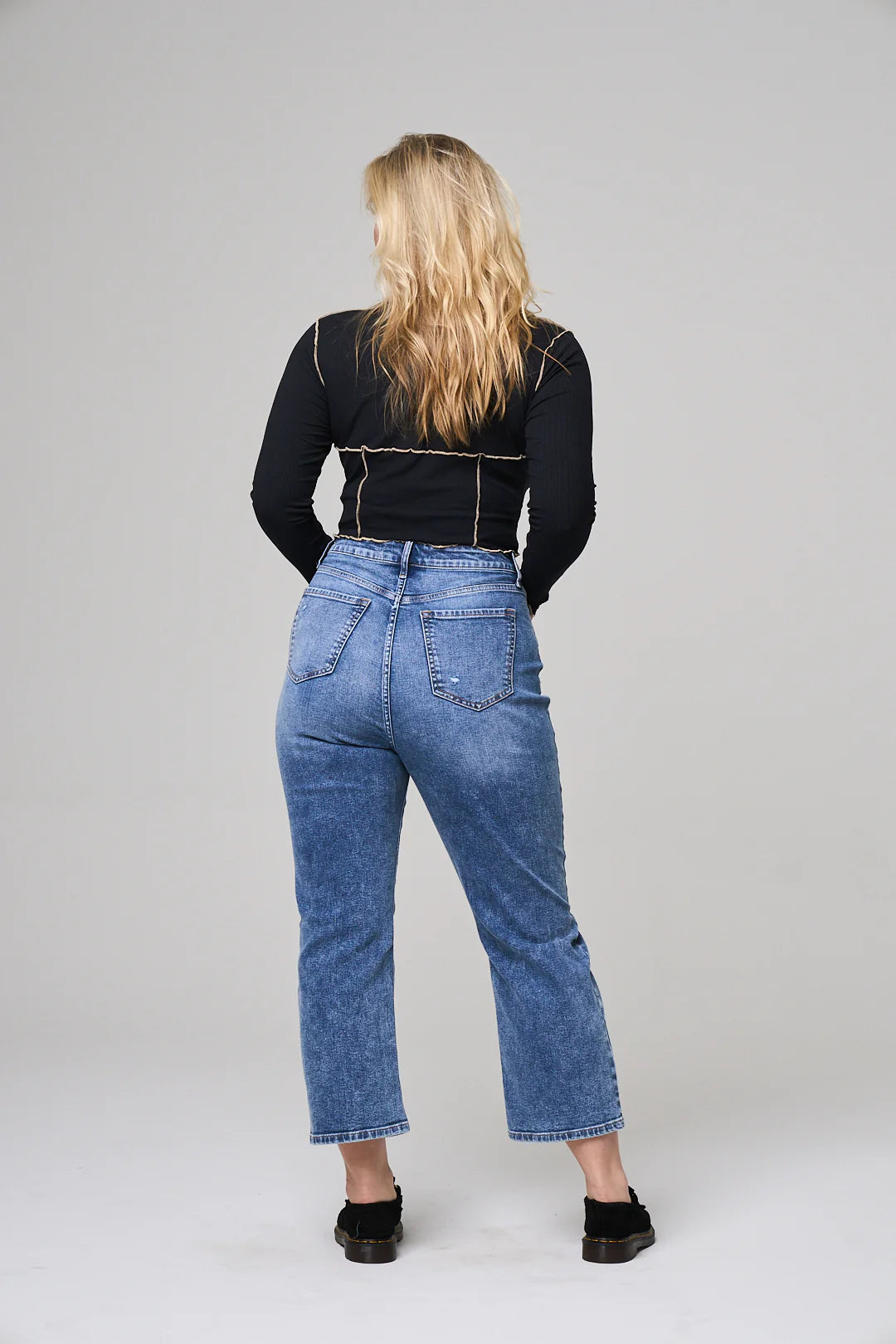 High Rise Rip Knee Straight Leg Jeans