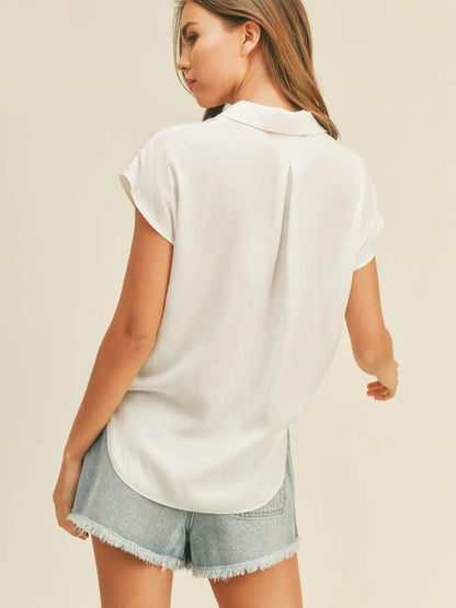 Button Down Cap Sleeve Silky Top White