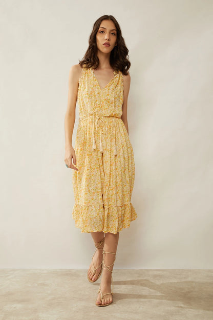 Yellow Ruffle Detail Floral Midi Dress