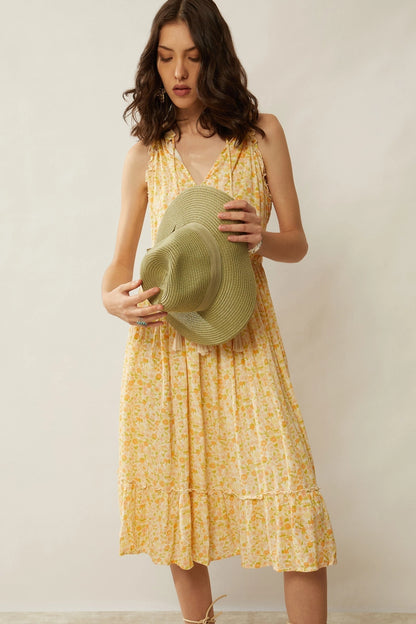 Yellow Ruffle Detail Floral Midi Dress