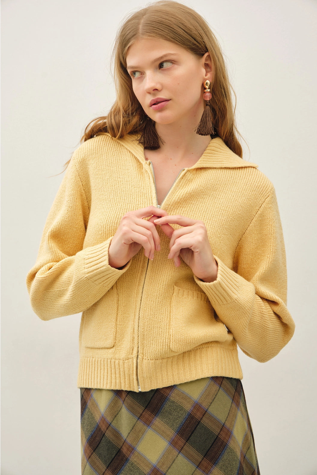 Zip Up Pocket Cardigan Yellow