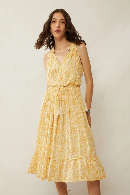 Yellow Ruffle Detail Floral Midi Dress