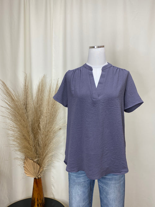 Blue Grey V-Neck Blouse with Pleating
