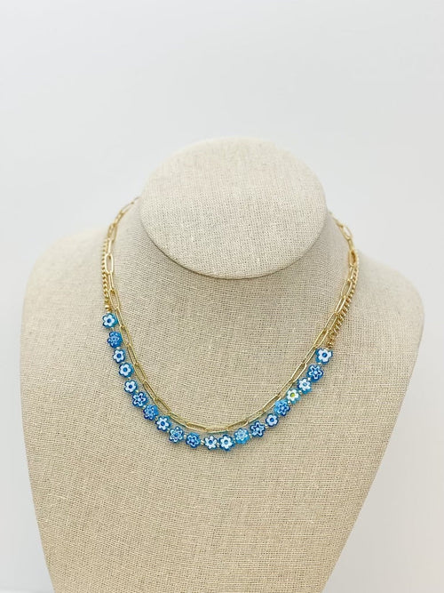Blue Flower Glass Bead Necklace