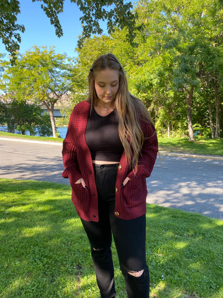 Burgundy Cable Knit Cardigan