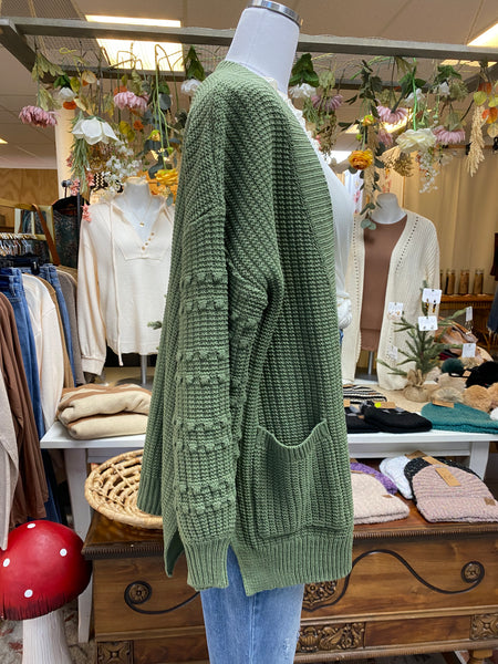 Olive Cardi with Textured Sleeve