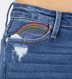 Hi-Rise Rainbow Embroidery Cropped Straight Leg Jeans