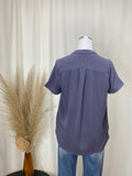Blue Grey V-Neck Blouse with Pleating