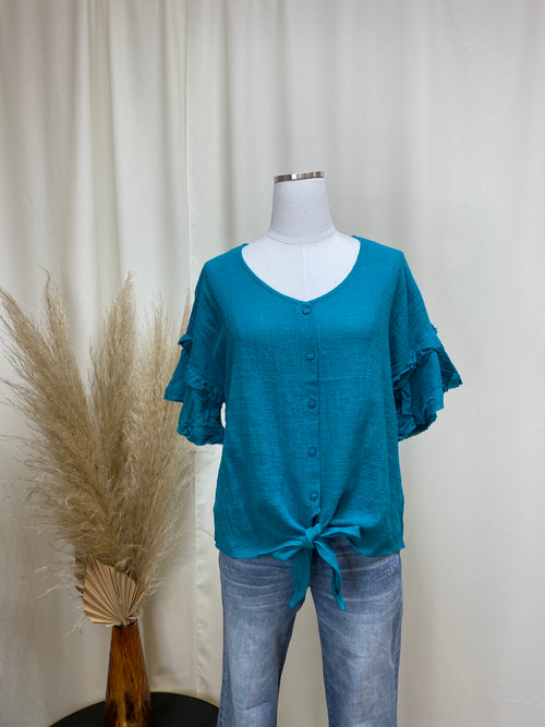Tie Front Ruffle Sleeve Top