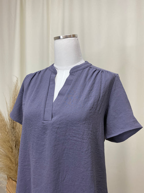 Blue Grey V-Neck Blouse with Pleating