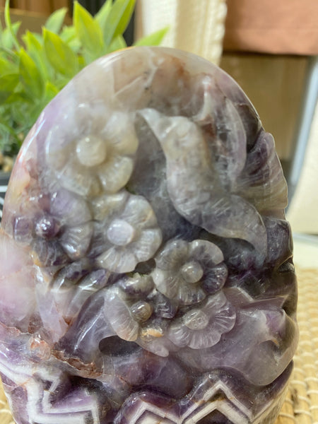 Humming Bird and Flower Carved in Chevron Amethyst